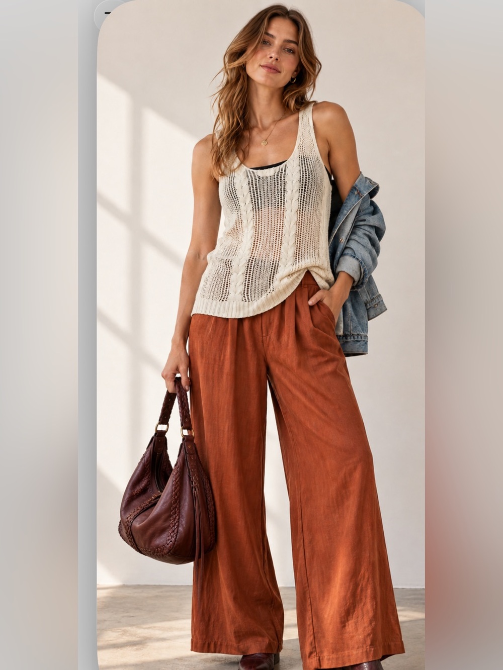 Pol crochet boho renascence Tank Small Oatmeal Open Knit tank top pol